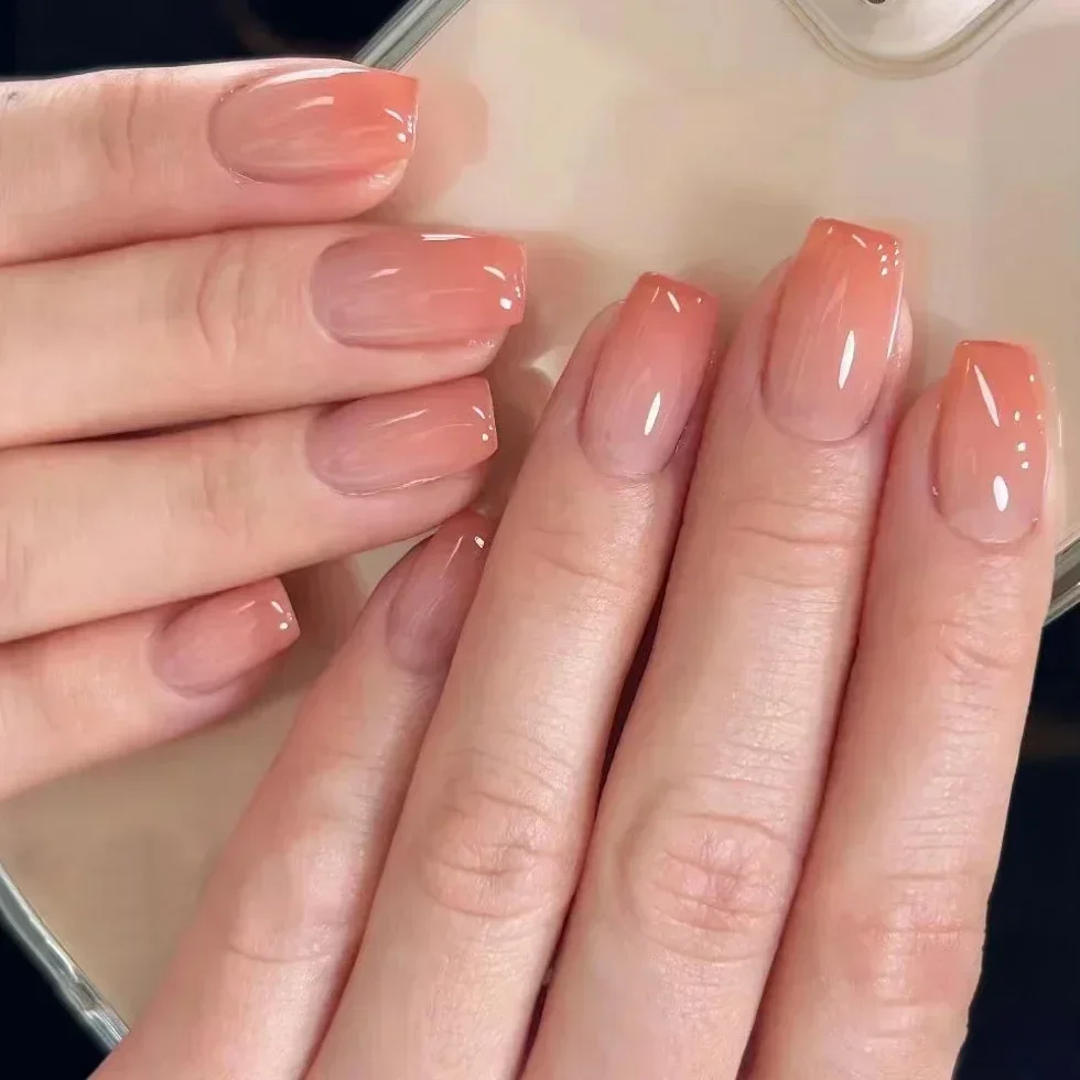 24pcs Short Square Head Fake Nails with Glue Gradient White Pink Press on Nails Simple Designs Ballet Full Cover False Nail Tips