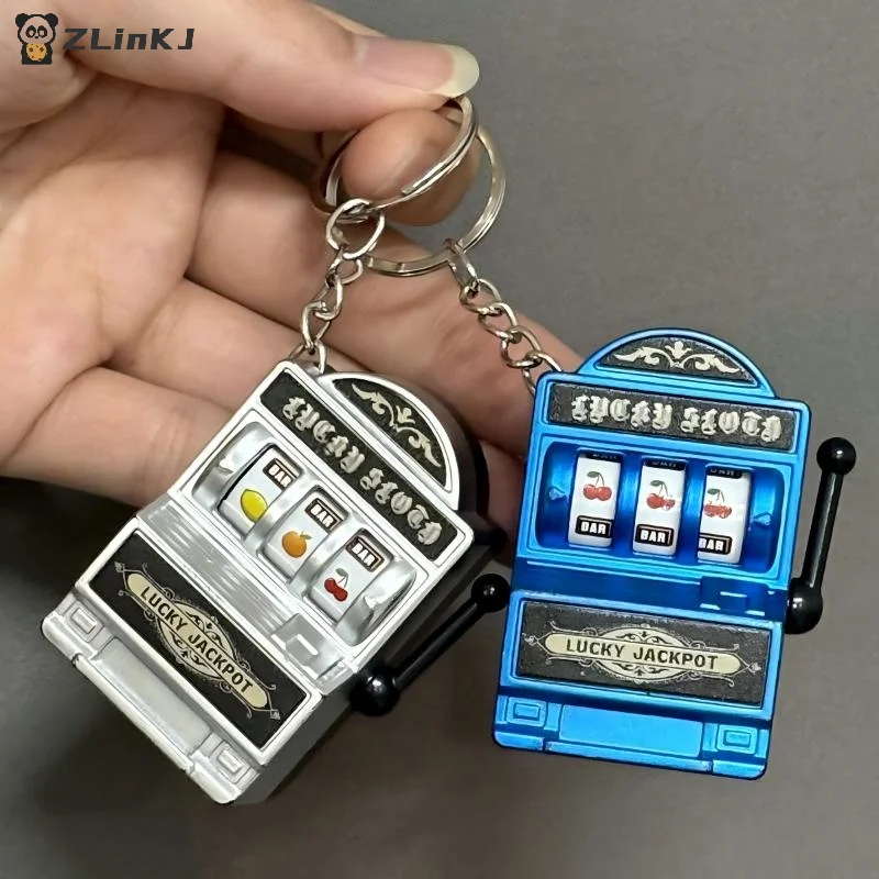 ▶1Pcs Mini Gambling Slot Machine Keychain Arcade Pocket Fruit Lucky Jackpot Gadget Antistress Toy Funny Games Key Ring
