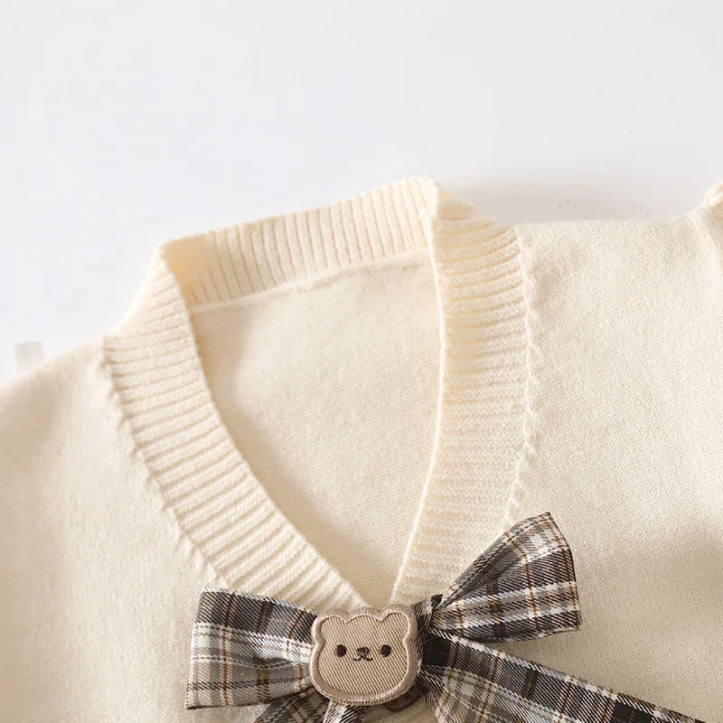 2-6Y Kids Girl Sweater JK Set Vest Cardigan+ Skirt Grid with Bow Autumn Girls Two-piece Skirt Children