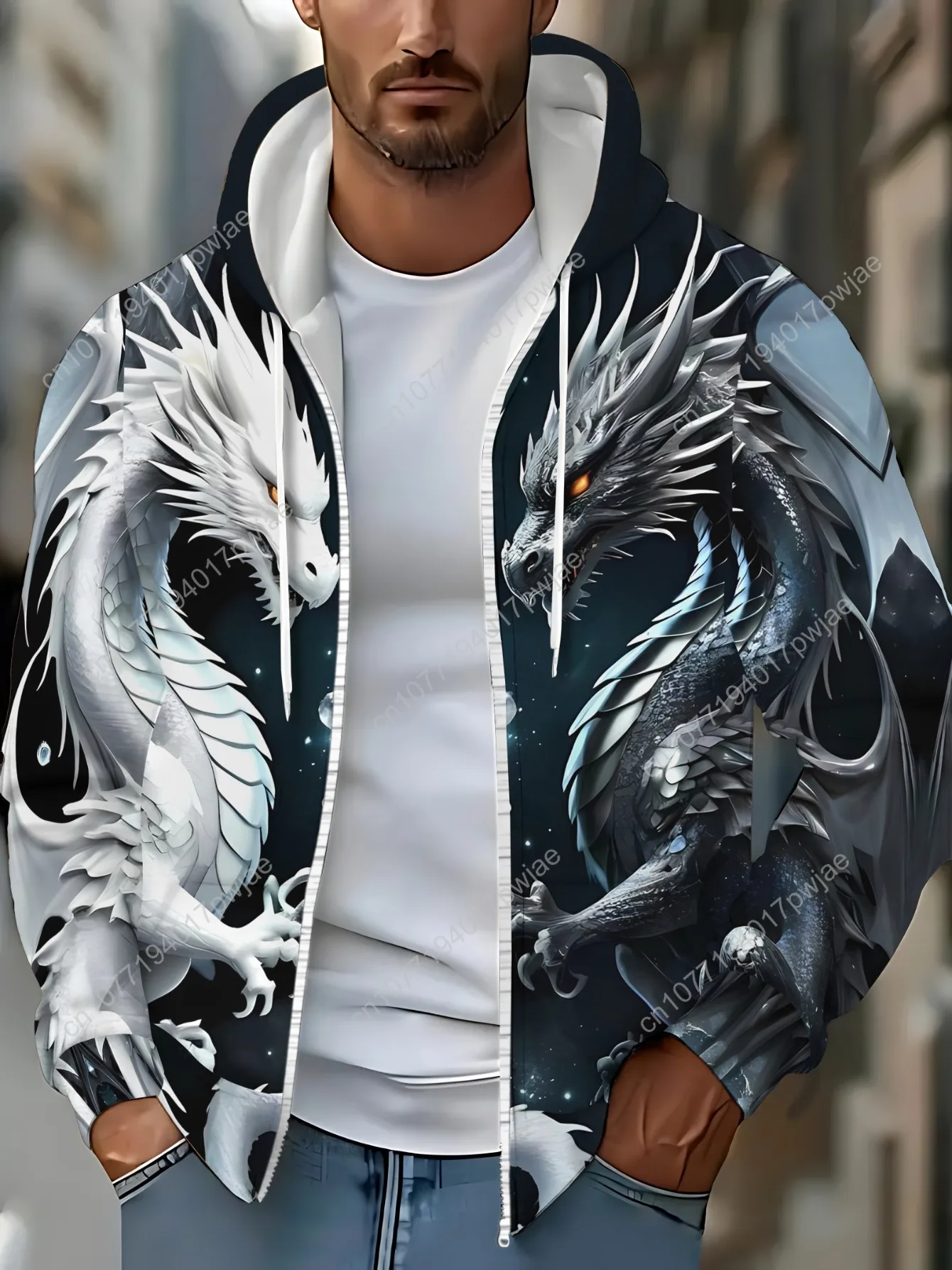 メンズ ドラゴン プリント ジッパー パーカー - 軽量で耐久性のあるポリエステル、アウトドア活動、旅行、カジュアルに最適な通気性のある生地