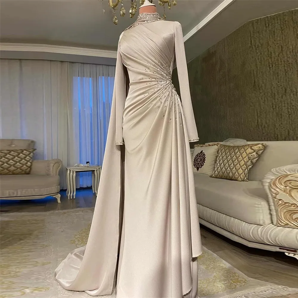 

Customized High Collar Long Sleeves Evening Dress Fashion Crystal Bespoke Occasion Gowns Classic Sweep Train Party Dress