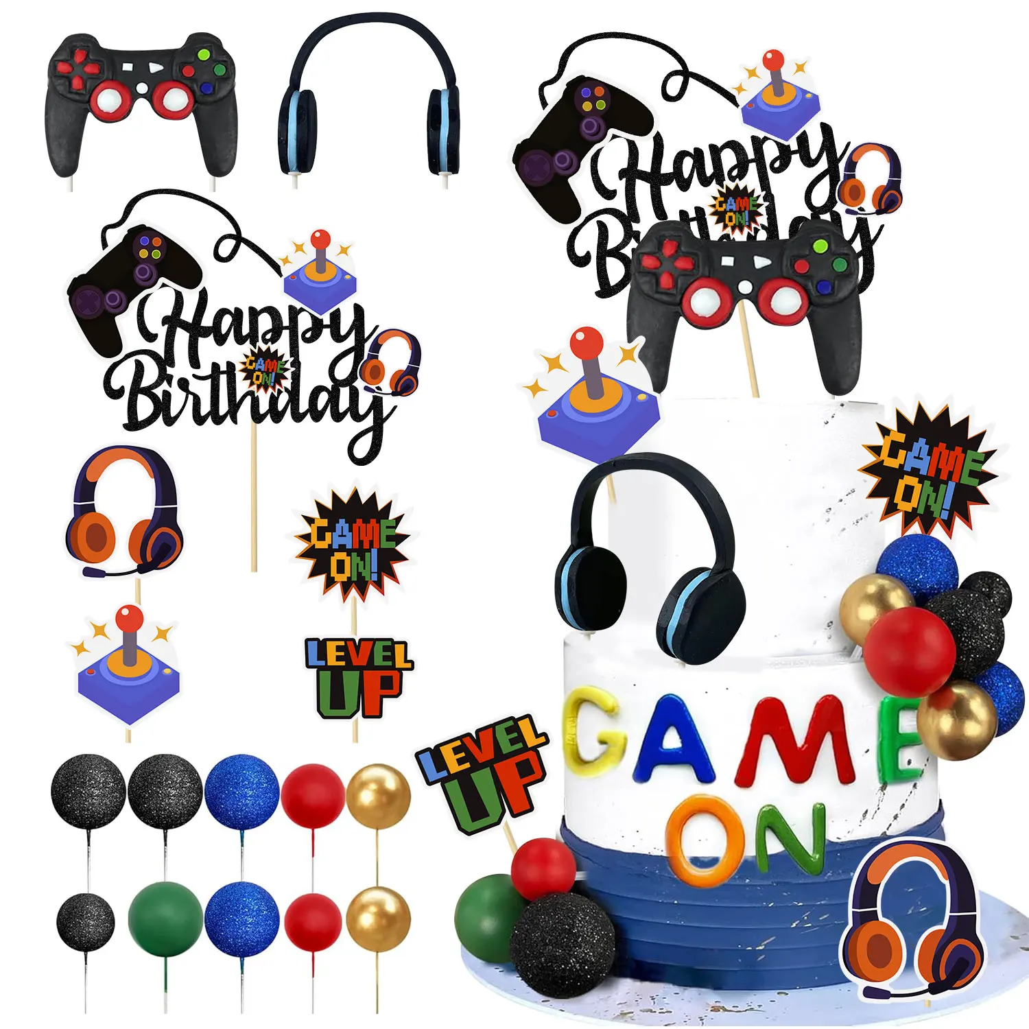 Videospiel-Kuchenaufsätze, Videospiel, alles Gute zum Geburtstag, Controller, Headset, Kuchendekoration für Spielthema, Geburtstagsparty-Zubehör