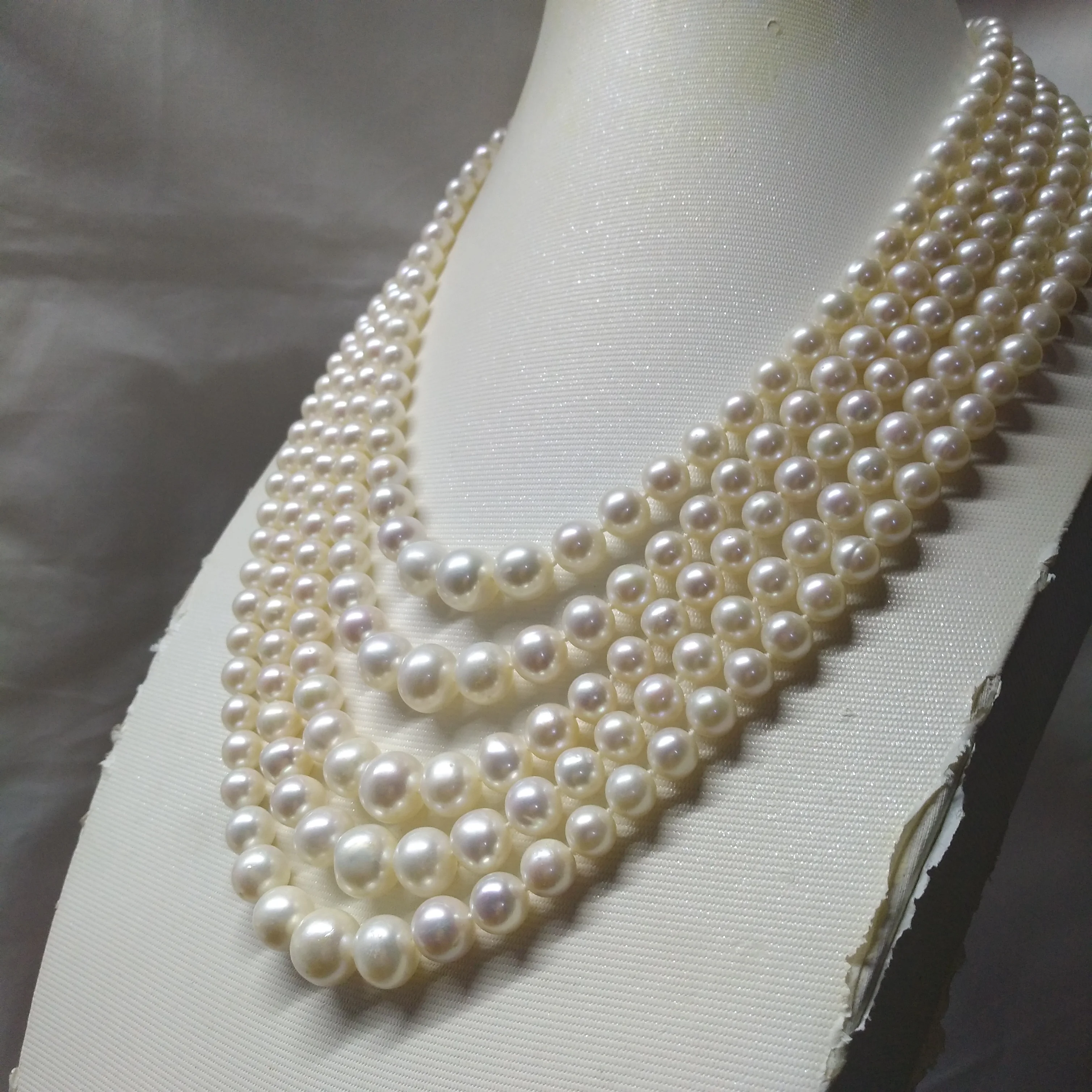 5 Five Rows 6-10mm South Sea White Round Real Pearl Necklace 18-22inch 45-55cm Free Shipping