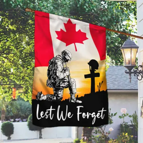 Canadian Veteran Lest We Forget Kneeling Soldier Flag Garden Flag