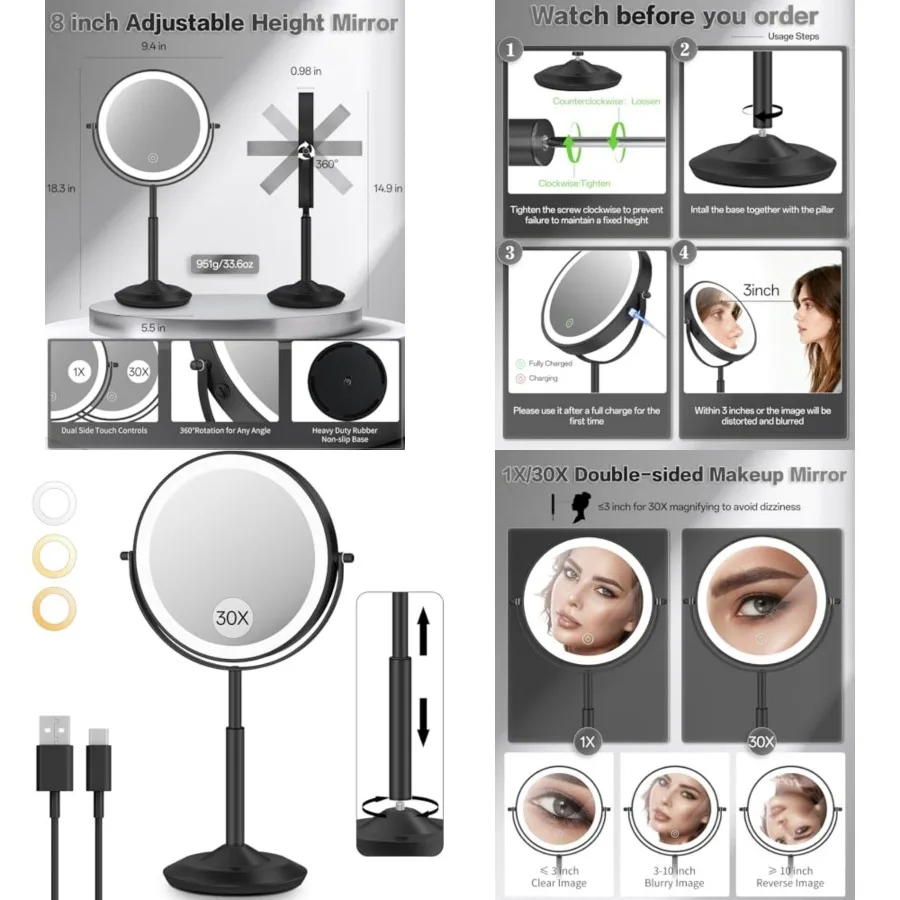 

30X/1X Makeup Mirror with Lights, Height Adjustable Lighted Magnifying Vanity Mirror with 3 Lighting and Adjustable Brightness,
