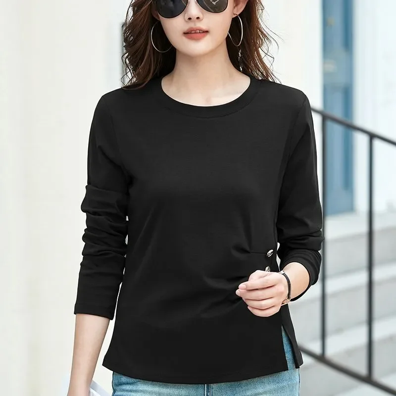 Plus Size Women Cotton Shoulder Fit Long Sleeve T Shirt Waist Ruched Split Loose Inner Base Tops S 4XL