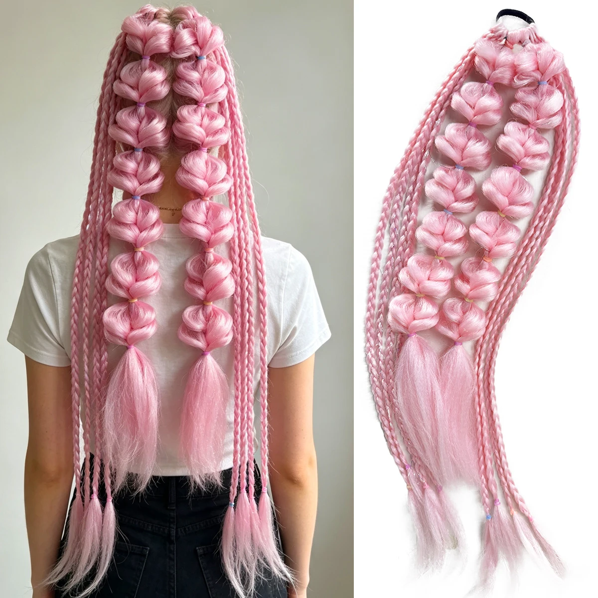 Pink Synthetic Bubble Braid Ponytail Hair Extensions Elastic Hair Tie Lantern Twist Braided Wig Long Braids Hairpiece For Women