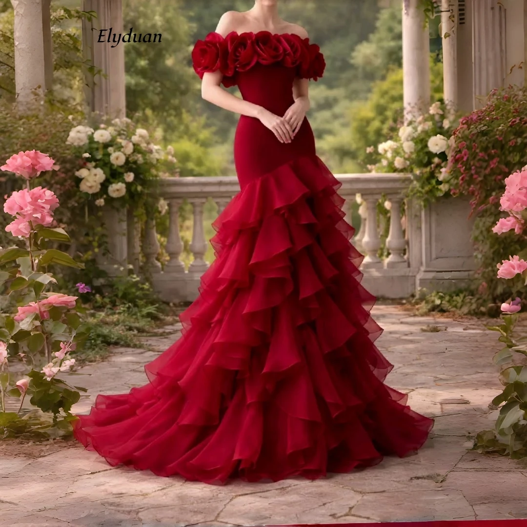 Burgundy Mermaid Prom Dress Off Shoulder 3D Rose Floral Tiered Ruffle Long Evening Gown Wedding Reception Dress Customized