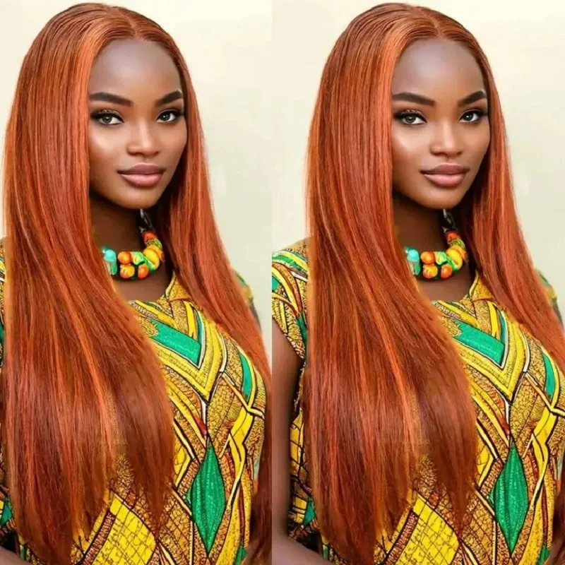 

Ginger Brown Highlight Bone Straight Lace Front Closure Wigs Human Hair 5x5 Pre-cut Lace Glueless Wig Ombre Ginger Orange #4/350