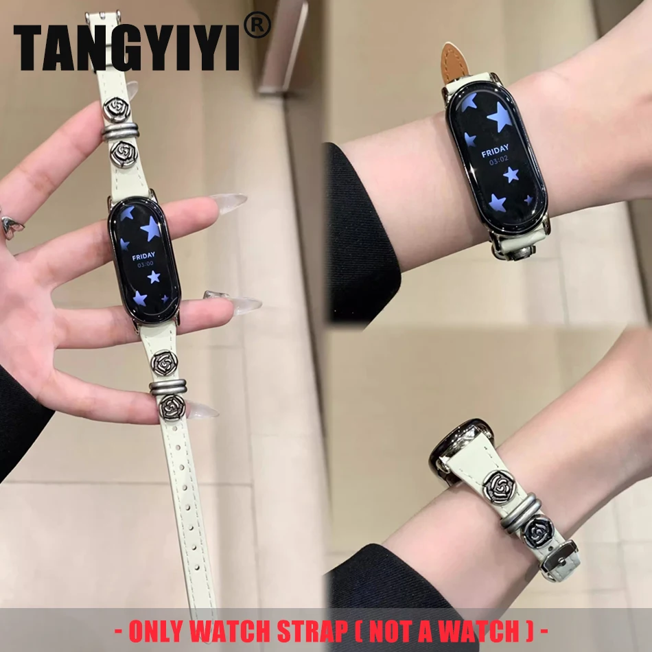 

Luxury Camellia Leather Strap For Xiaomi Mi Band 9 8 Pro 7 Miband 8 9 6 5 Wristband Vintage Metal Flower Rivets Slim Bracelet