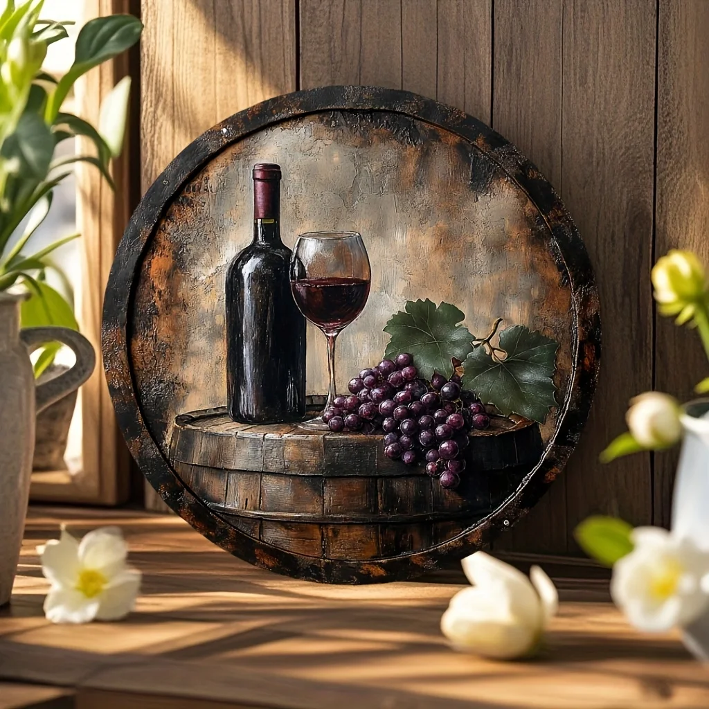 Letrero de madera vintage para bodega de vino, 20,32x20,32 cm, arte rústico de pared con diseño de uvas y botellas de vino, acabado desgastado, estilo Boho