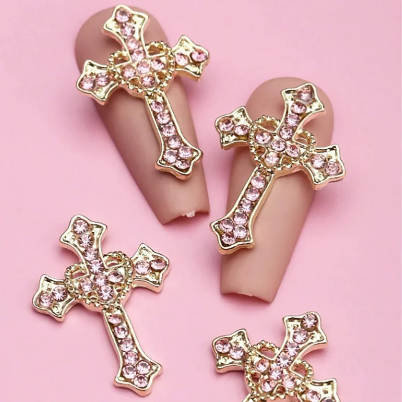 5pcs Punk Cross Nail Charms 3D Gold Silver Diamond Nail Art Decoration Sparkling DIY Manicure Rhinestones Jewelry for Women