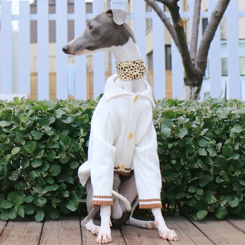 Lapel Cardigan Jacket Knitted White Sweater for Little Greyhound Whippet Winter Long Sleeves Warm Coat for Mid Dogs Pet Clothing