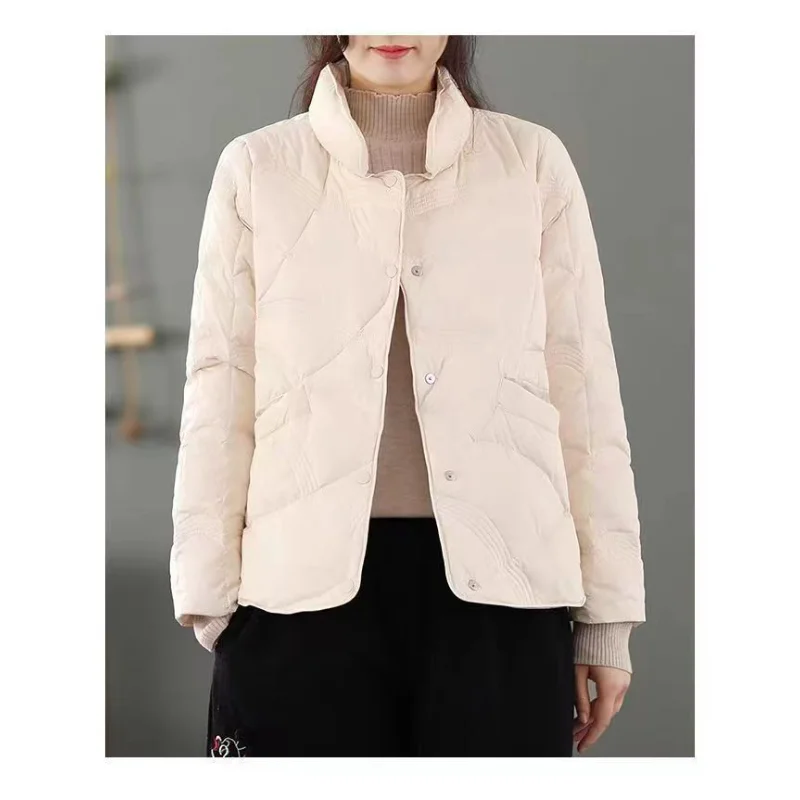 Dun dons dames korte opstaande kraag mode effen kleur lichtgewicht herfst en winter warm jack met lange mouwen