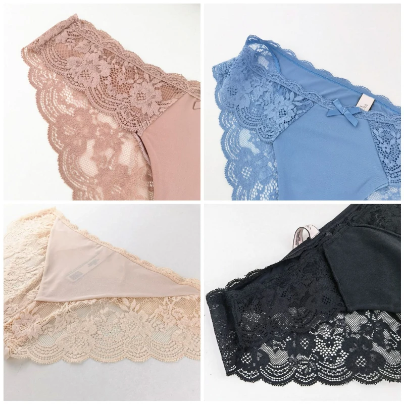 Large Size Underwear Women Lace Edge Sexy Low Waist Half Pack Hip Briefs Cotton Crotch Comfortable Breathable Panties Women