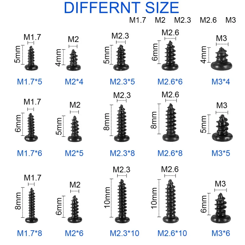 750 viti autofilettanti micro M1.7 M2 M2.3 M2.6 M3, testa cilindrica Phillips per riparazione laptop, elettronica, legno, acciaio al carbonio