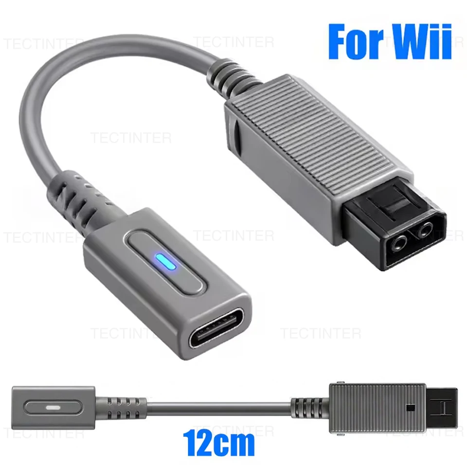 Cabo de Carregamento Tipo-C de 12cm 45W PD com Luz Indicadora LED Azul para Console Wii U, Cabo de Alimentação USB C