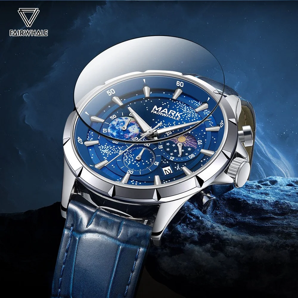 FAIRWHALE Watches for Men 5870 Fashion Starry Sky Luminous Mens Watch Business Moon Phase Quartz Watches Gift Box Reloj Hombre