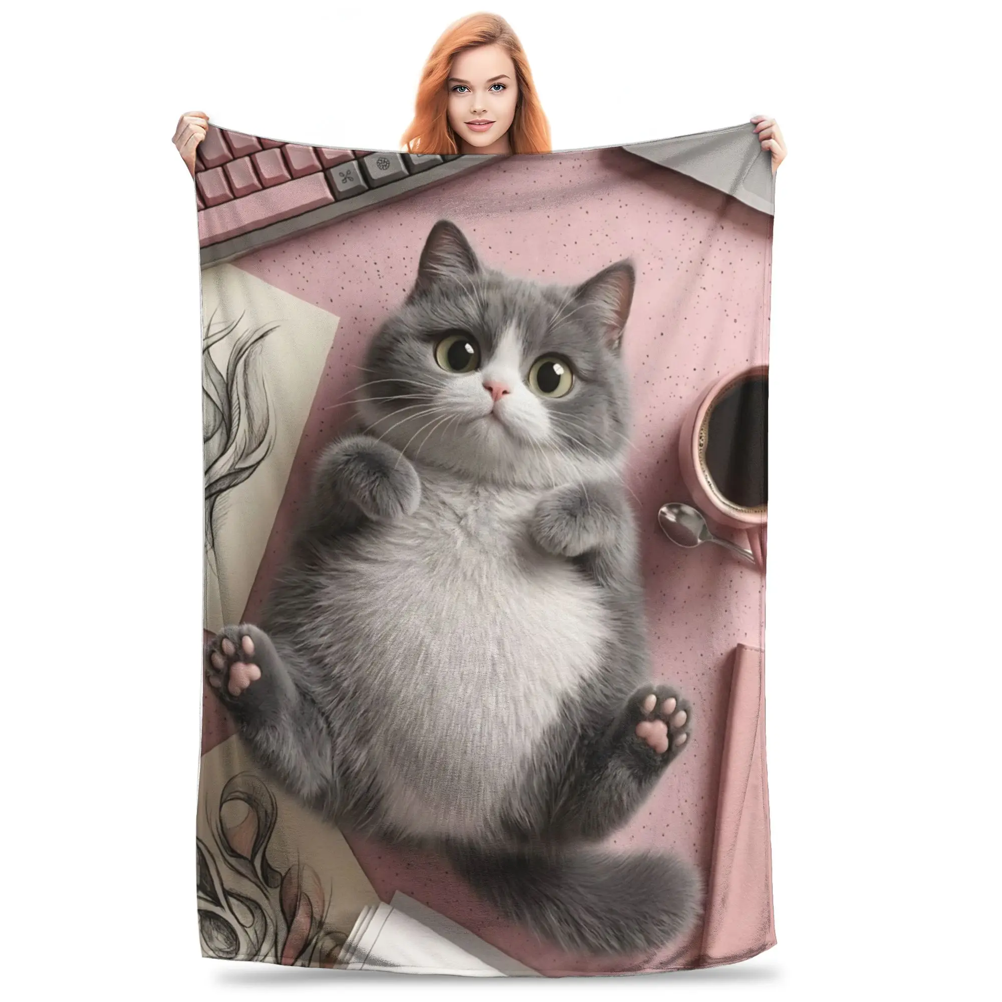 1PC Home British Shorthair Cat Blanket Throw Blanket  Novelty Warm Blanket All Season Gift for Happy Halloween Give Thanks