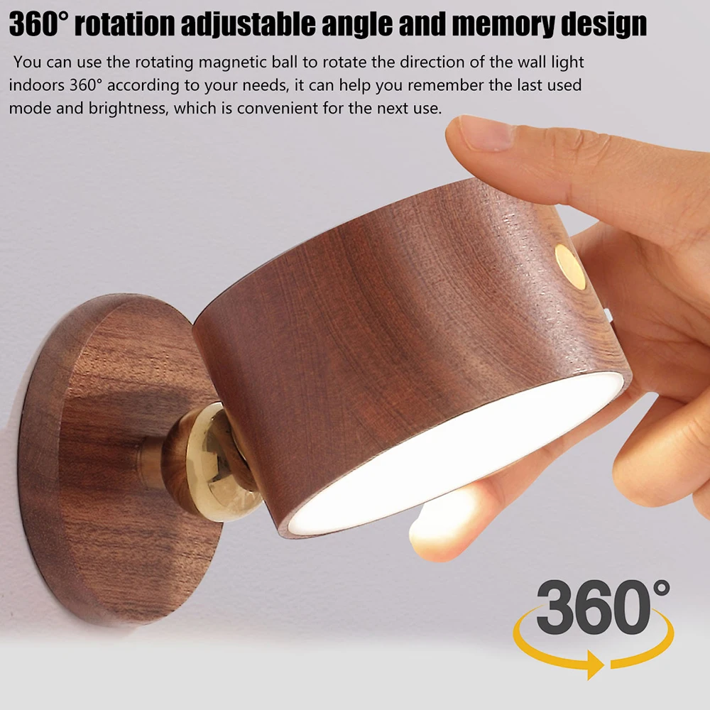 

Wooden Wall lamp USB Wall Light Touch Dimming LED Night Light 360° Rotating Rechargeable Wall Lamp Magnetic Bedside Lamp