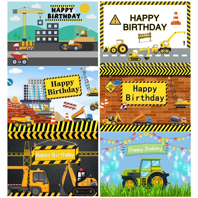 Construction Theme Backdrop Black and Yellow Strips Big Dump Truck Engineering Vehicles Photography Background for Boy Birthday