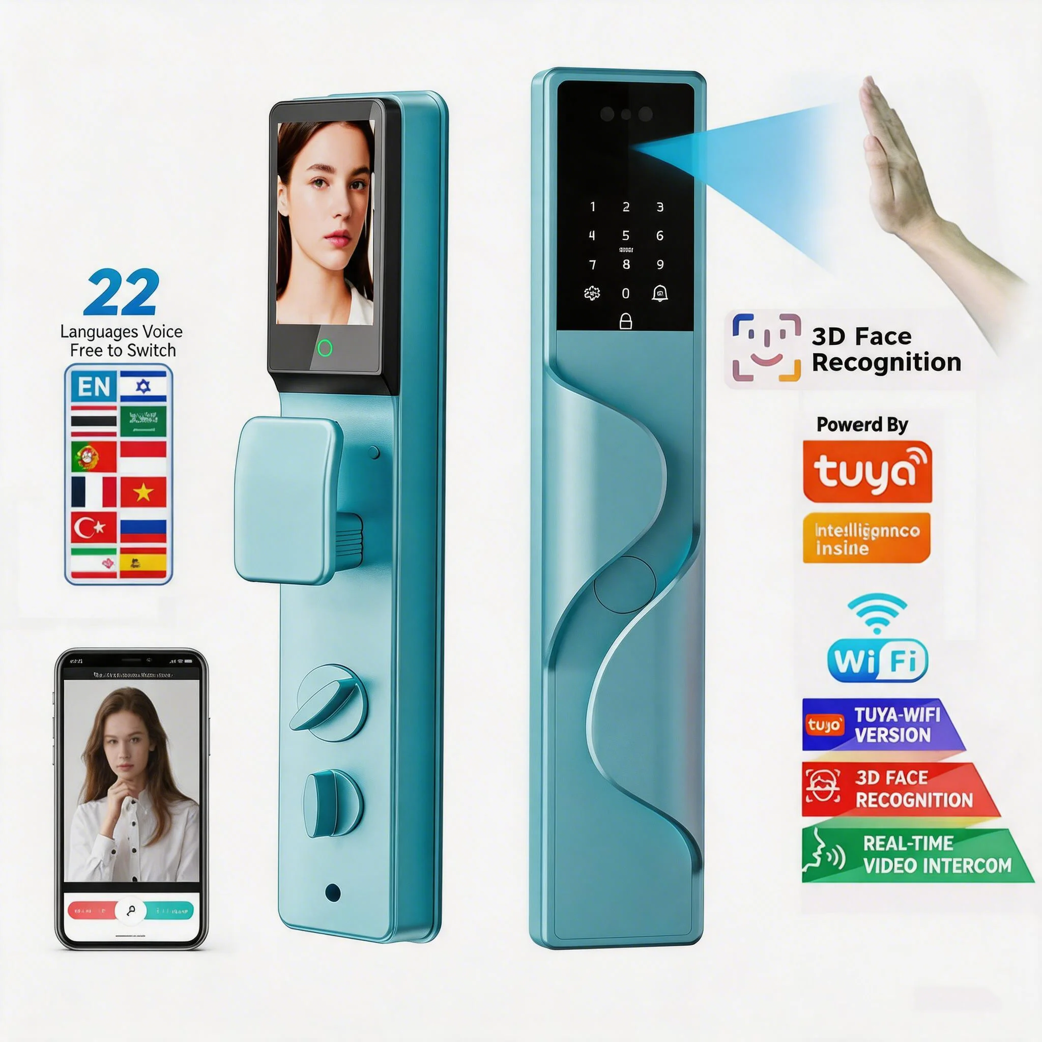 WiFi Smart Door Lock with Fingerprint Face Recognition Palm Vein Biometric Keyless Lock Aluminum Door 22 Languages for Home