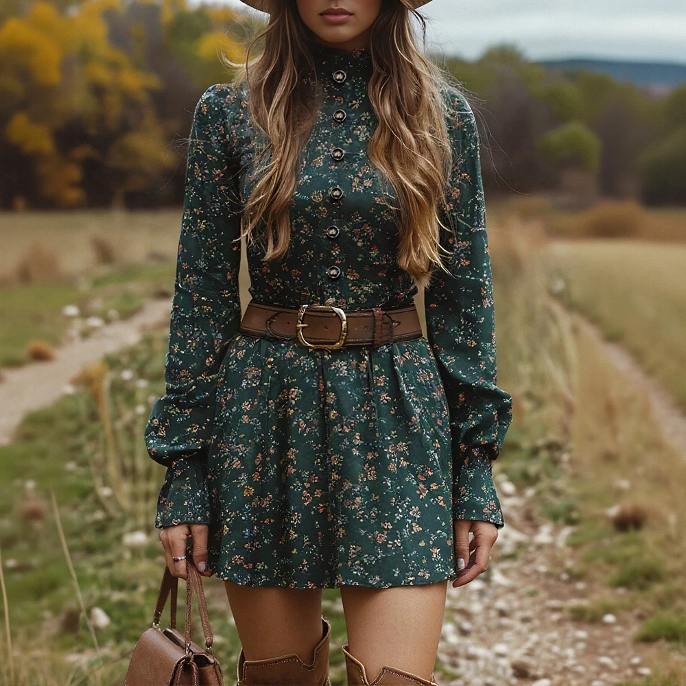 Autumn Women's Mid-Length A-Line Dress with Straight Sleeves and Round Neckline European Style Body-Fitting Dress