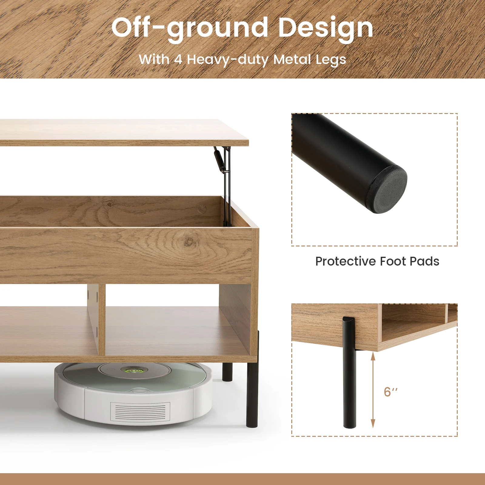 طاولة قهوة قابلة للرفع مع حجرة تخزين و3 مكعبات مفتوحة لغرفة المعيشة