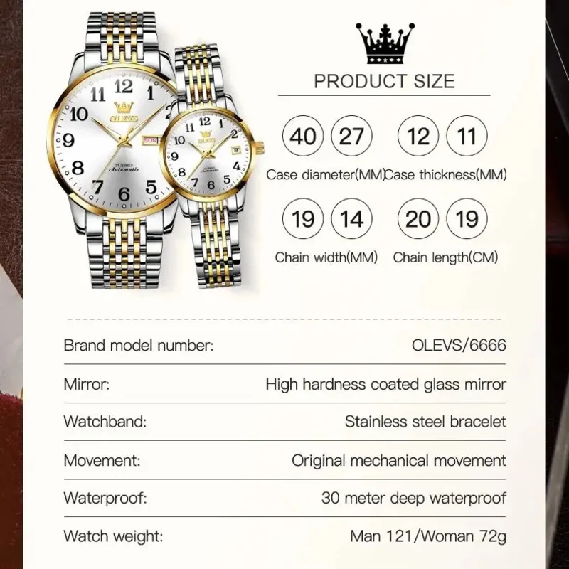 Olevs 6666 luxury automatic mechanical couple watch waterproof stainless steel lover anniversary his or her watch set