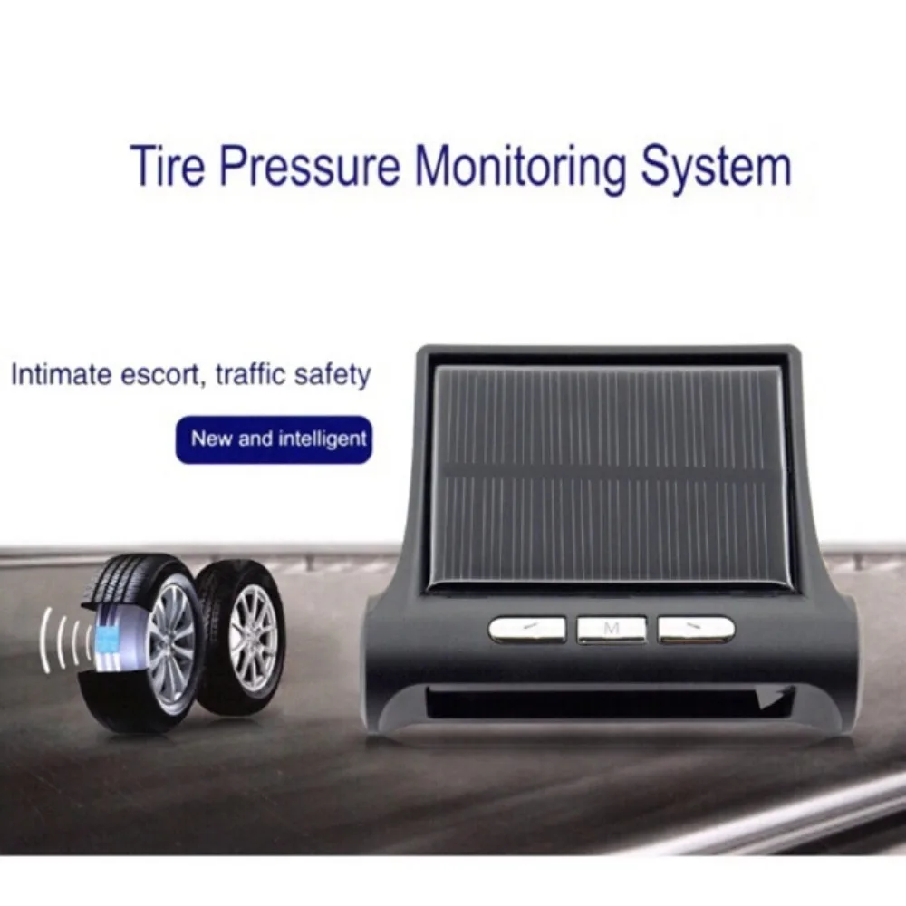Solar Car Tire Pressure Alarm LCD Display 4 External Sensors TPMS Monitor System Real-Time Pressure Detection Universal