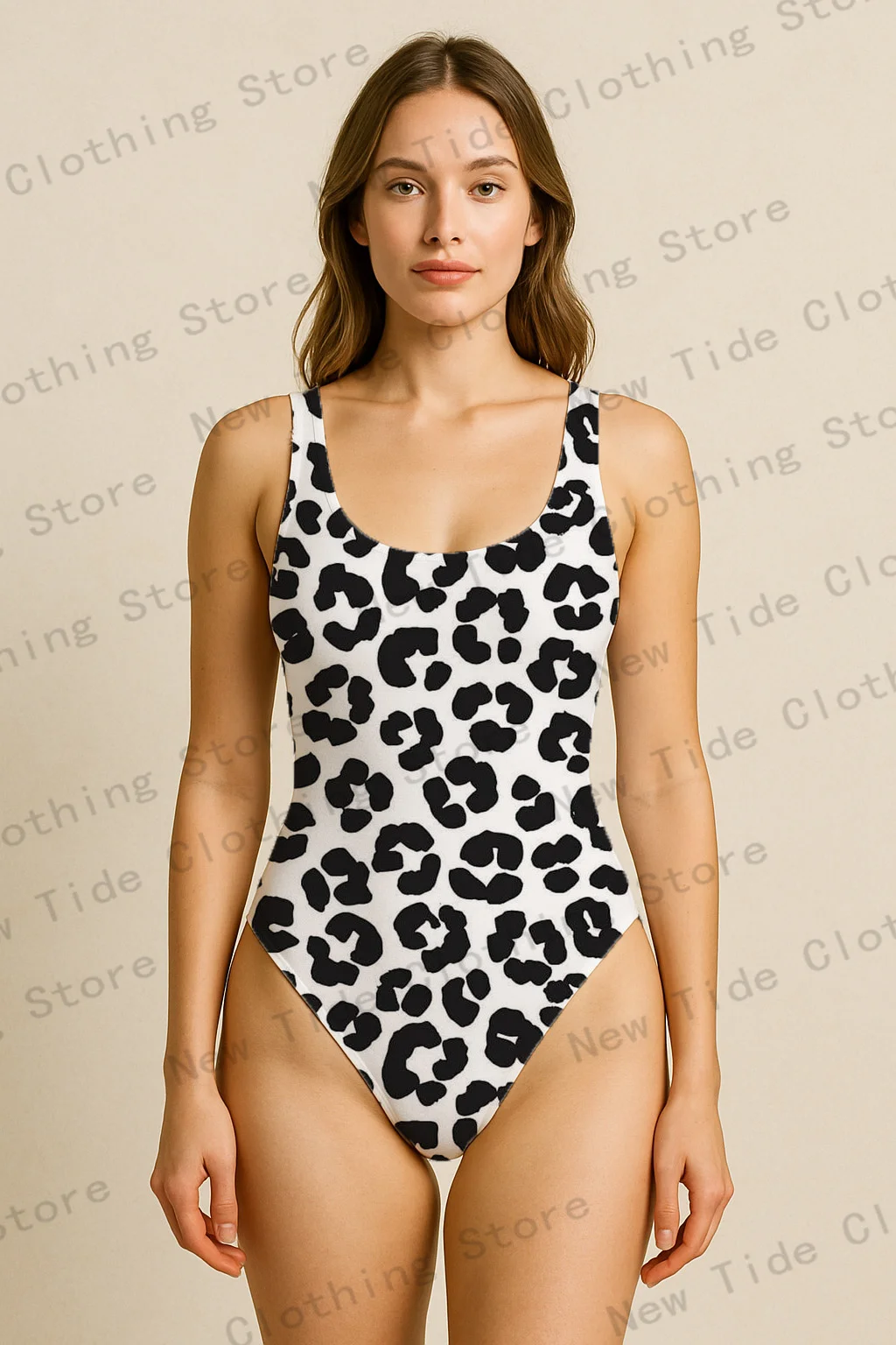 Einteiliger Badeanzug für Damen, schwarz, weiß, Leopardenmuster, ärmellos, schmal geschnitten, Badeanzug für Strand, Sommerurlaub, Pool-Outfit