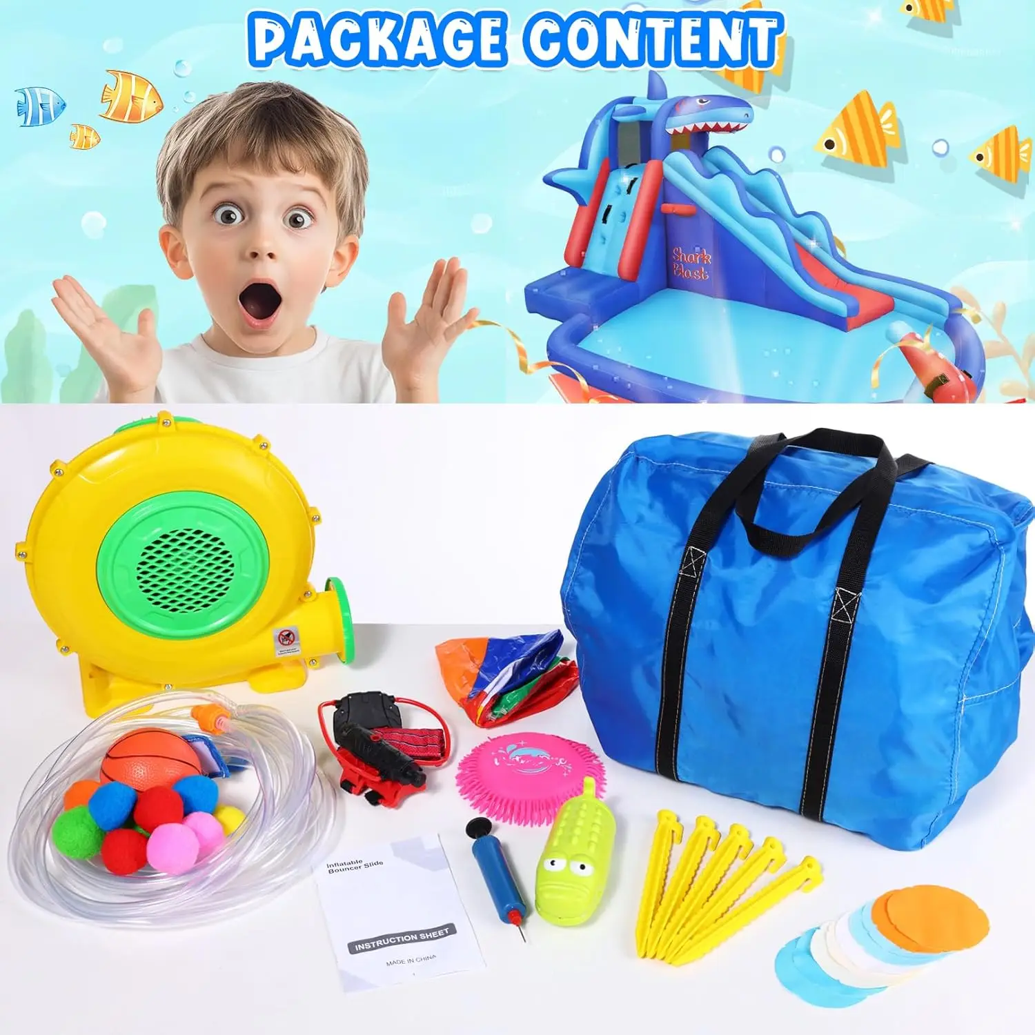 Shark-Themed Inflatable Water Park for Kids: Outdoor Blow Up Water Slides with Climbing Wall, Basketball Rim, Splash Pool & Water Cannon for Backyard Fun view 3