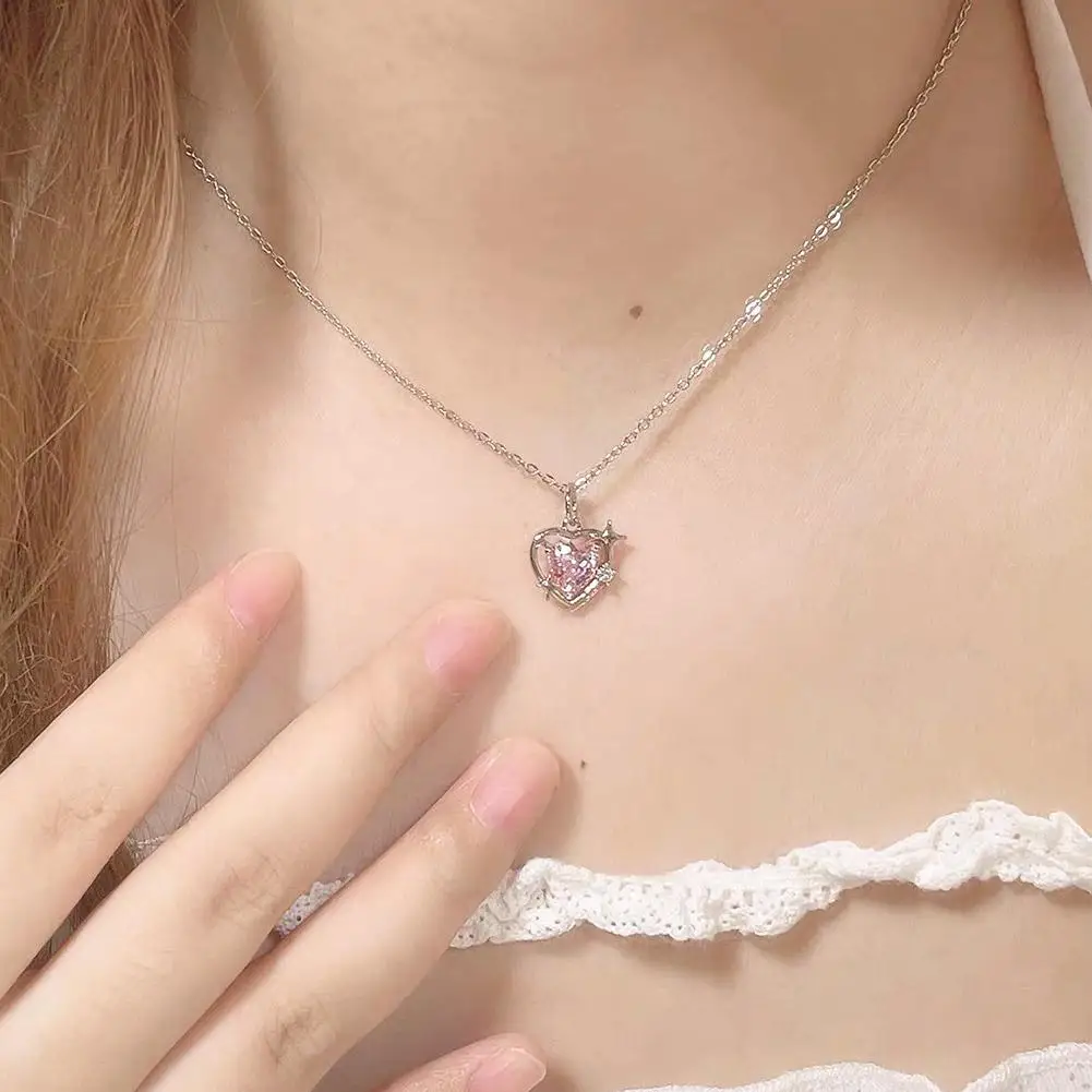 Korean Fashion Pink Crystal Heart Pendant Necklace Silver Color Chain Neck Necklace for Women Moonstone Clavicle Chain Chocker