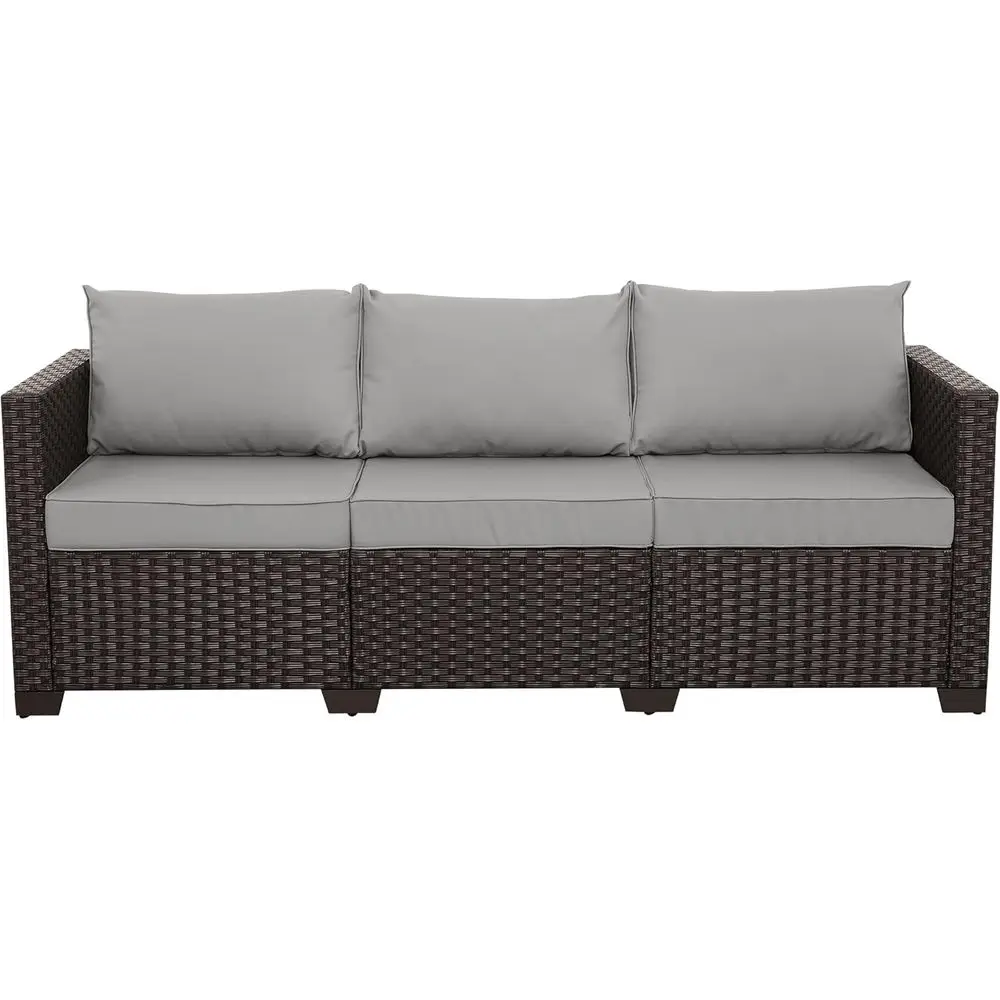 

3-Seat Outdoor Rattan Sofa Set in Brown Wicker with Deep Seating and Anti-Slip Grey Cushions