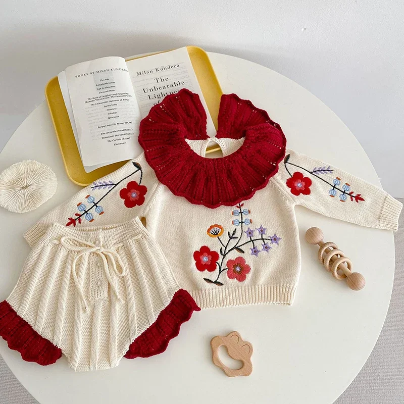 

Autumn Outfits Newborn Knit Set Baby Girl Clothes Set Kids Embroider Long Sleeve Knitted Cardigan+Ruffle Bloomers Shorts Suit