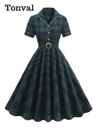 Tonval Notched Collar Buttons Belted Autumn Winter Midi Dress Women 1950s Vintage Plaid Rockabilly Dresses Elegant Clothing