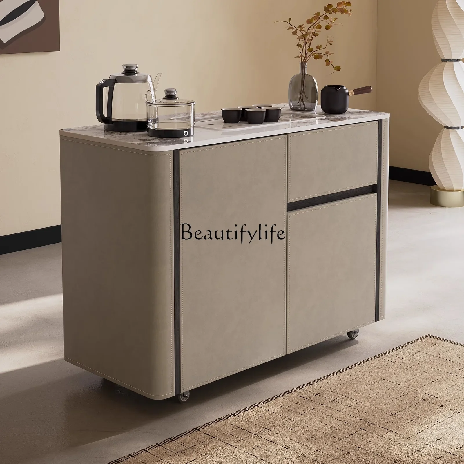 

LJY*Light luxury rock slab saddle leather tea table sofa side cabinet