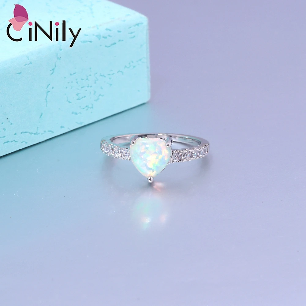 CiNily Created White Fire Opal Rings with Cubic Zirconia Silver Plated Heart Shape Ring Cute Jewelry for Women Love Gift Size6-8 view 5