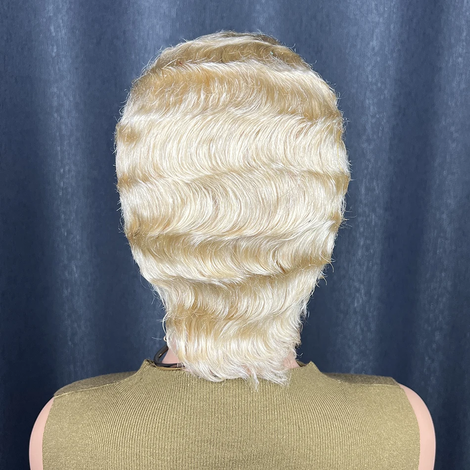 허니 블론드 인모 가발 짧은 브라질 레미 헤어 픽시컷 핑거 웨이브 스타일 가발 여성용 프리 플러킹 머신 메이드 캡