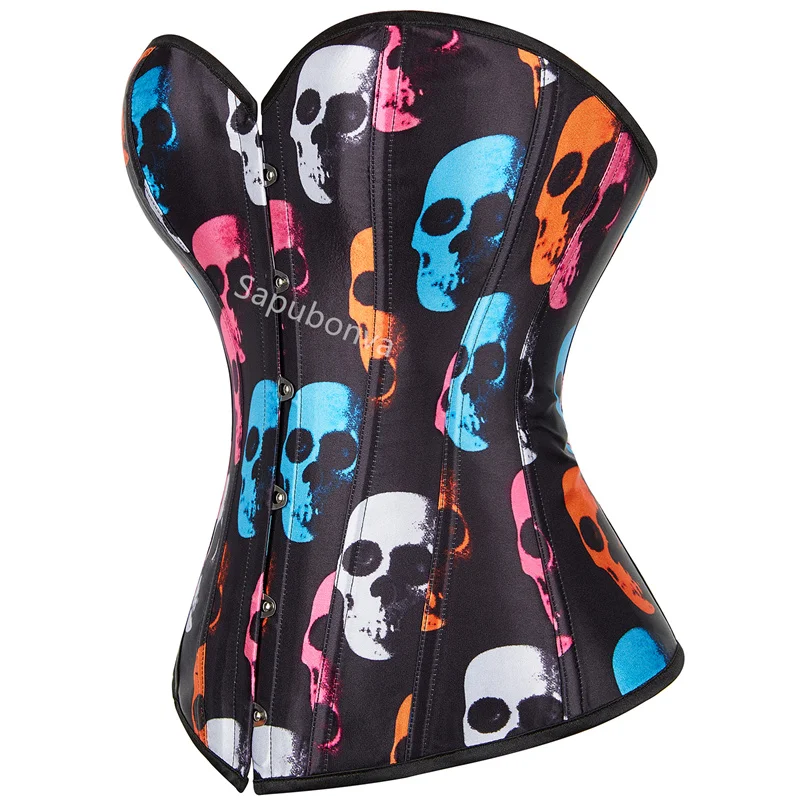 Corset Underbust Top Plus Size Bustier Skull Printing Burlesque Costume Halloween Pattern Lingerie Vintage Clothing Black