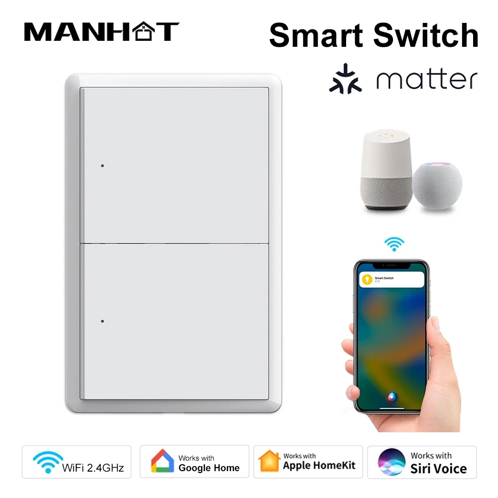 

Tuya Matter WIFI США Настенный выключатель света Нейтральный провод Дополнительно 1-4 группы Большая физическая кнопка Голосовое управление Google Home Alexa