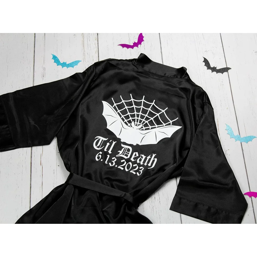 

Personalized Black Slasher Robe Till Death Gothic Bat Spider Web Robe Bridal Party Halloween Wedding Scary Bridal Shower Gifts