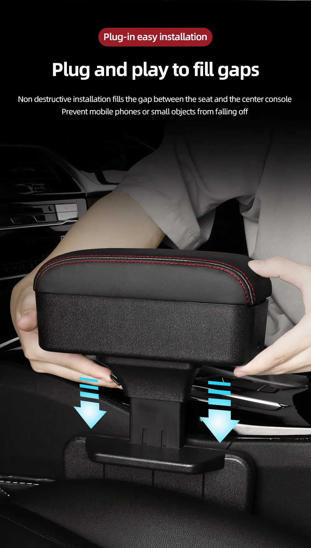Höhenverstellbarer Lücken-Aufbewahrungsorganisator für die Mittelkonsole im Auto mit anhebbarem Tablett, Ellenbogenstütze, Armlehnenpolster für SUV-Limousine – Detail 9
