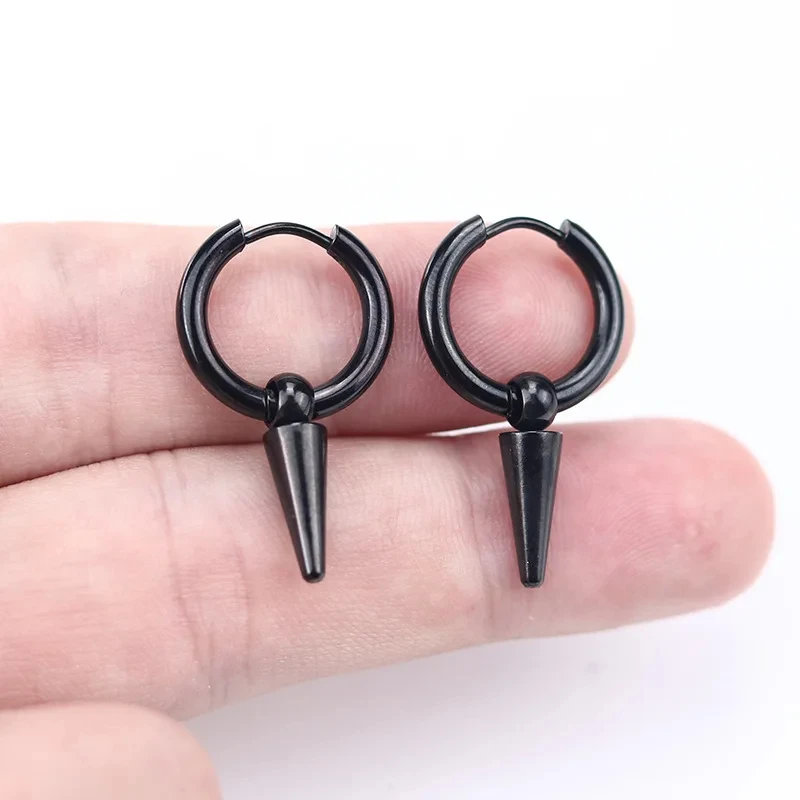 2pcs Rock Cone Pendant Hoop Earrings Female Men Stainless Steel Geometric Cartilage Single Earring Hip Hop Piercing Jewelry