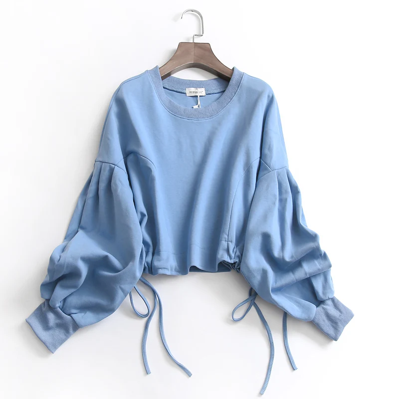 

A536 Pure Color Short Loose Long Sleeve round Neck Drawstring Sweatshirt Women's Style Autumn New Fashion Versatile Hoodie