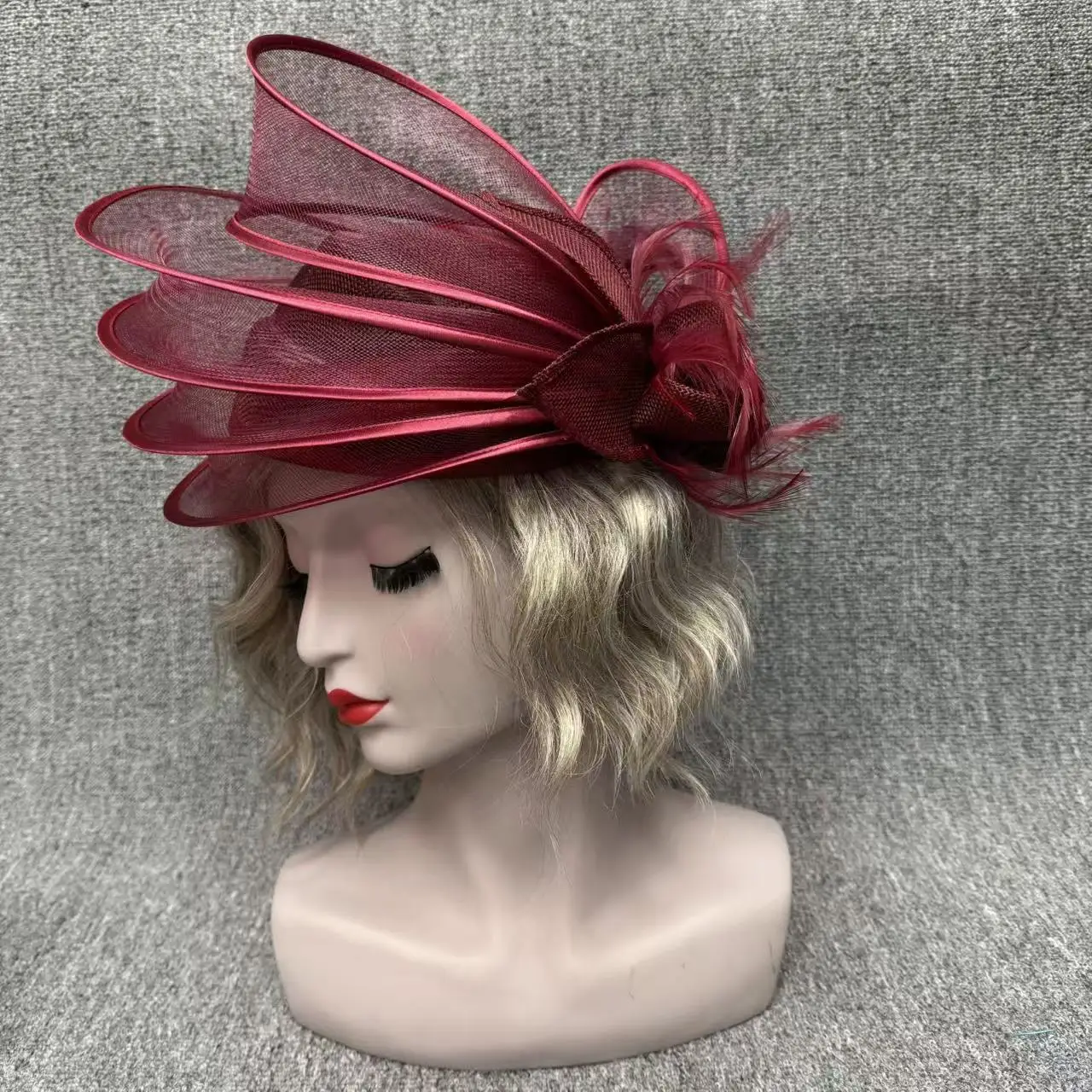 red-fascinator-hat-wedding-church-headpiece-women-formal-event-tea-chapeau-cap-feather-kentucky-derby-race-millinery-femme