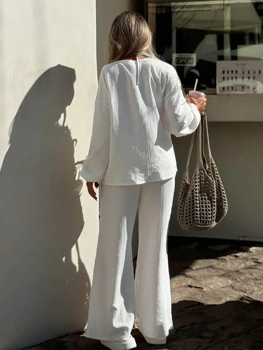 Womens Long Sleeve Tie-Front Casual Vacation Beach Cover-Up Set