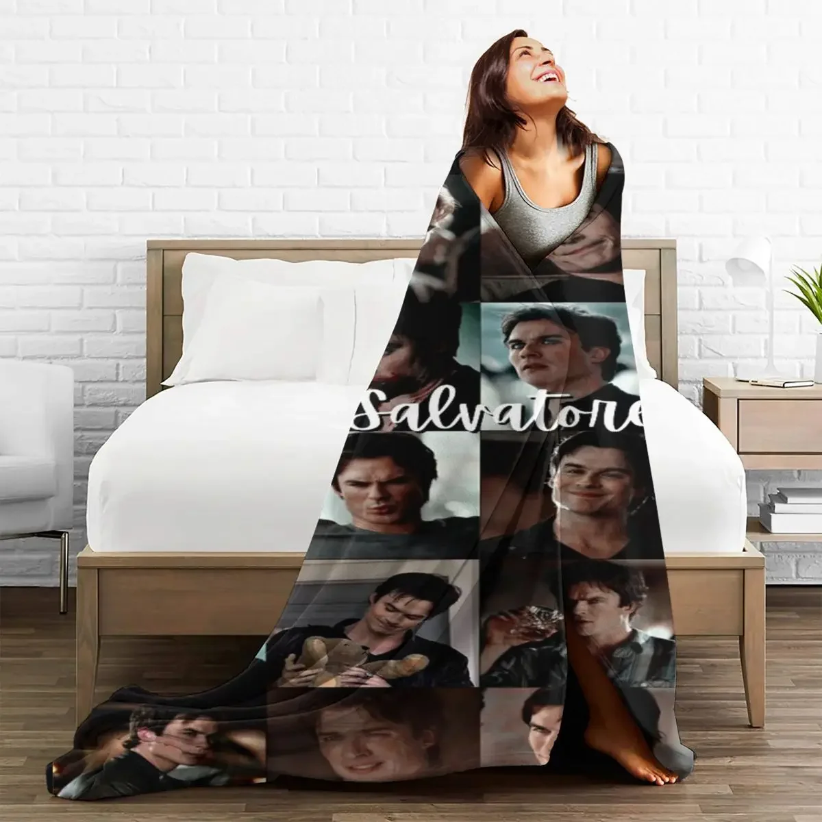 The Vampire Diaries Blanket Flannel Autumn/Winter Damon Salvatore Portable Lightweight Throw Blankets for Sofa Outdoor Bedspread