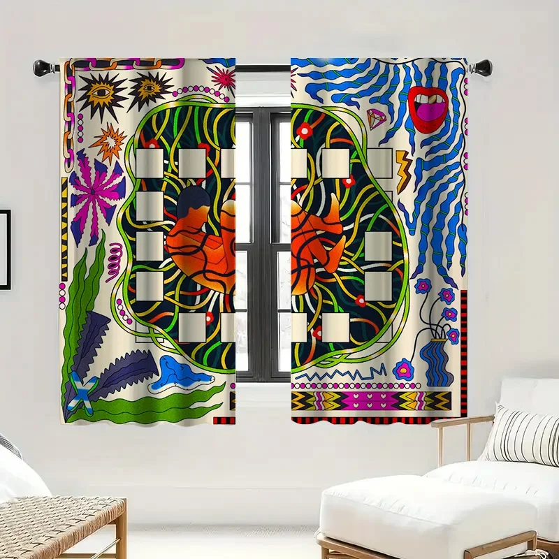 قطعتان من ستائر الفن التجريدي الحديثة مع جيب قضيب، طباعة هندسية متعددة الألوان وشفافة، ديكور غرفة المعيشة النابضة بالحياة #6