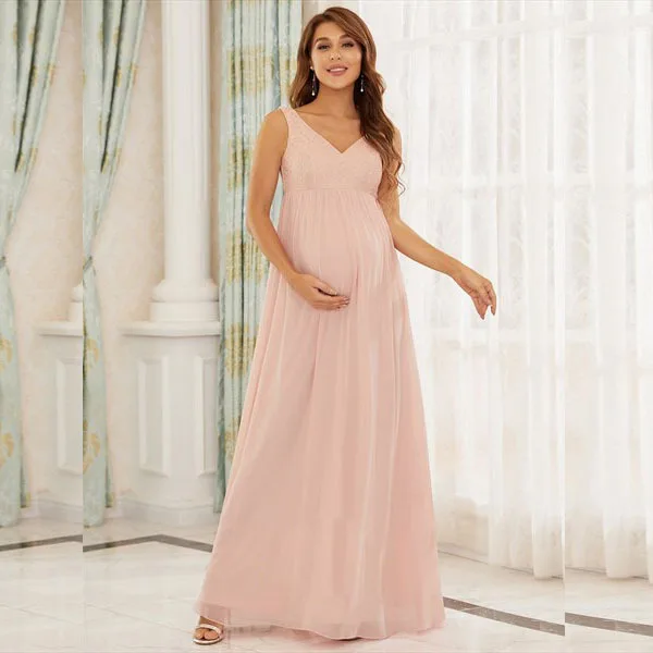 Fashion Elegant Pregnant Woman Dress Sleeveless V Neck Long Summer Dress Sexy Party Dress Female Chiffon Maxi Red Pink Dress